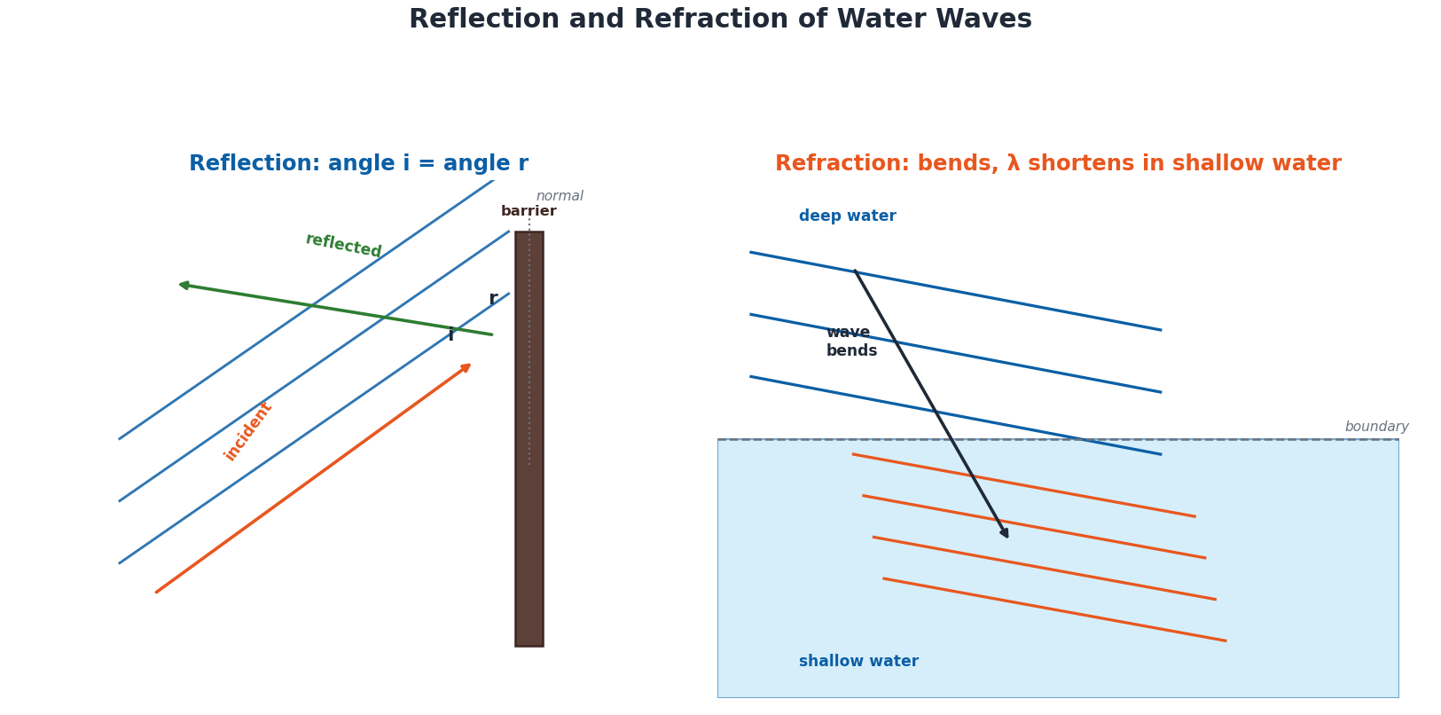 Diagram showing reflection of water waves off a barrier and refraction into shallow water