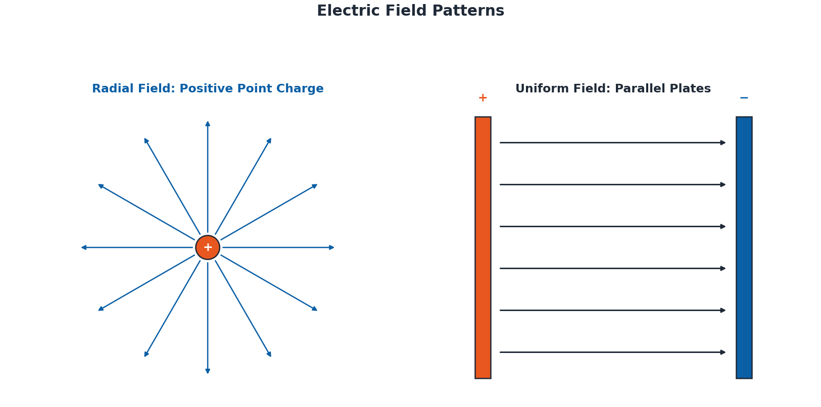 Physics Class 10 Chapter 15: Electrostatics - Notes (PECTAA 2026) 3 Diagram showing radial electric field around a point charge and uniform field between parallel plates