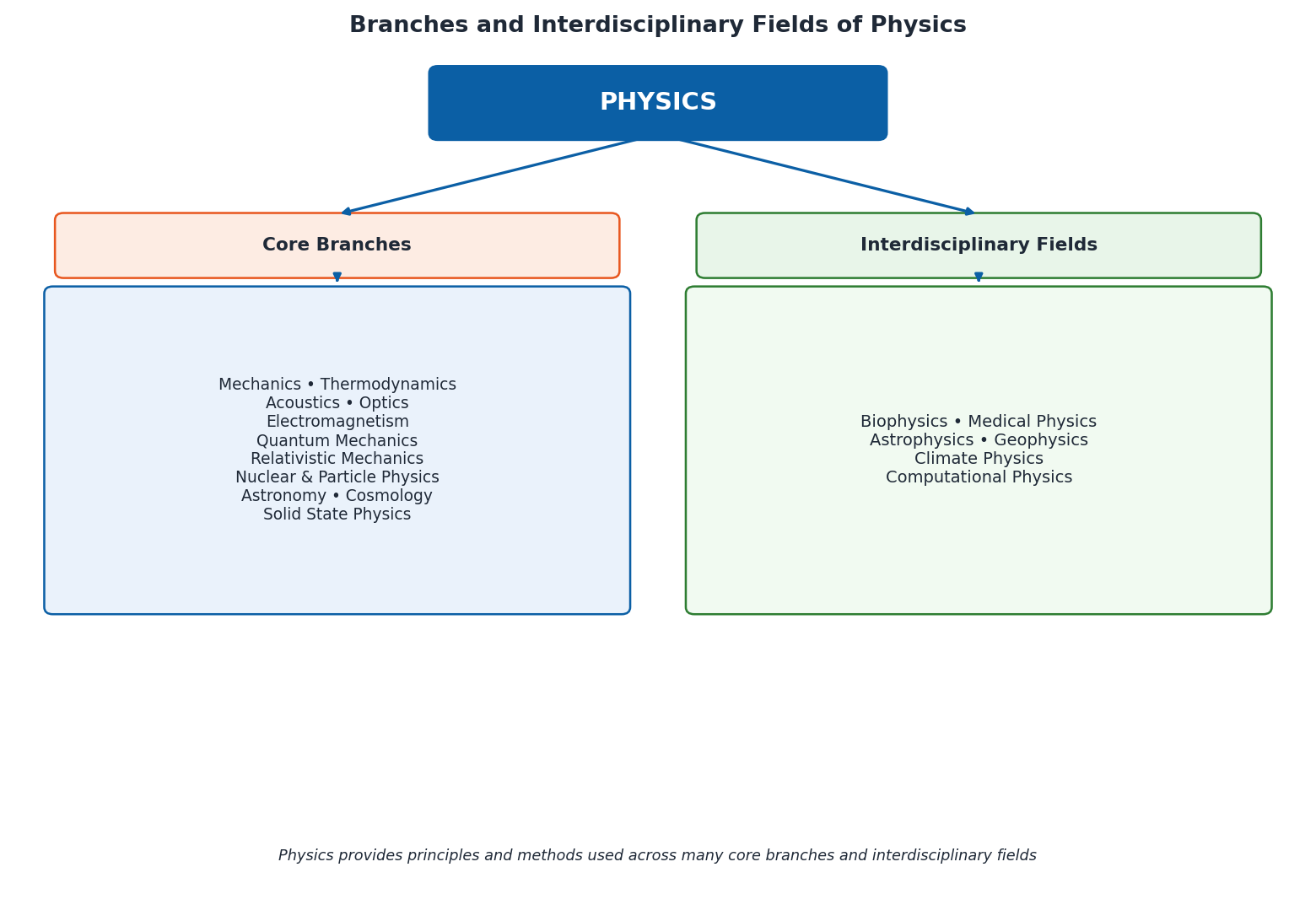 Diagram of the core branches of physics and its interdisciplinary fields such as biophysics and geophysics