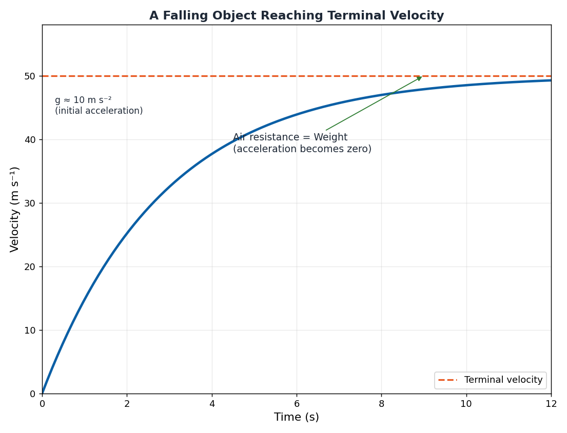 Velocity time graph showing a falling object reaching terminal velocity
