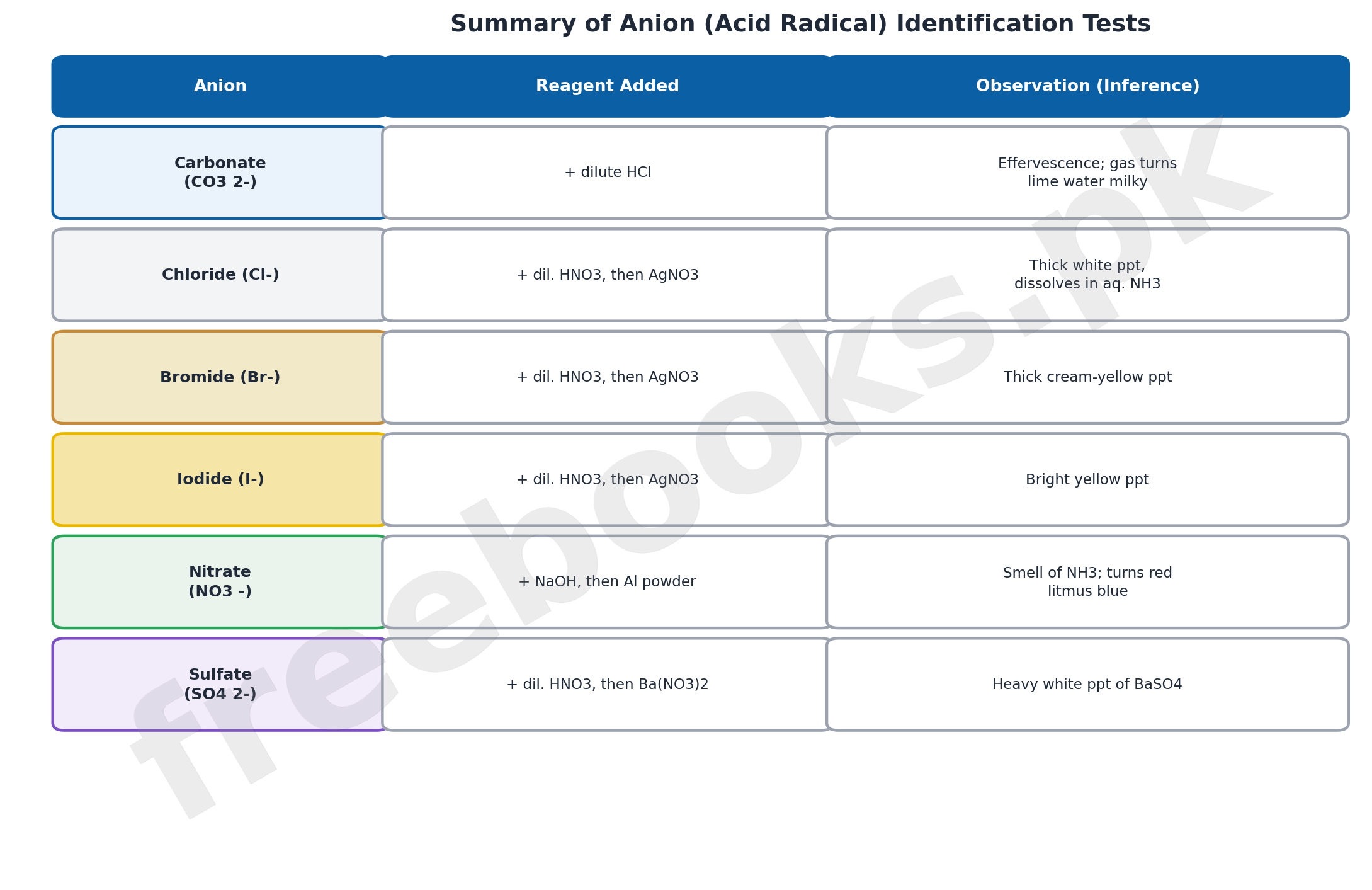Summary of anion acid radical identification tests diagram - Chemistry Class 11 Chapter 16 Lab Safety and Practical Skills notes