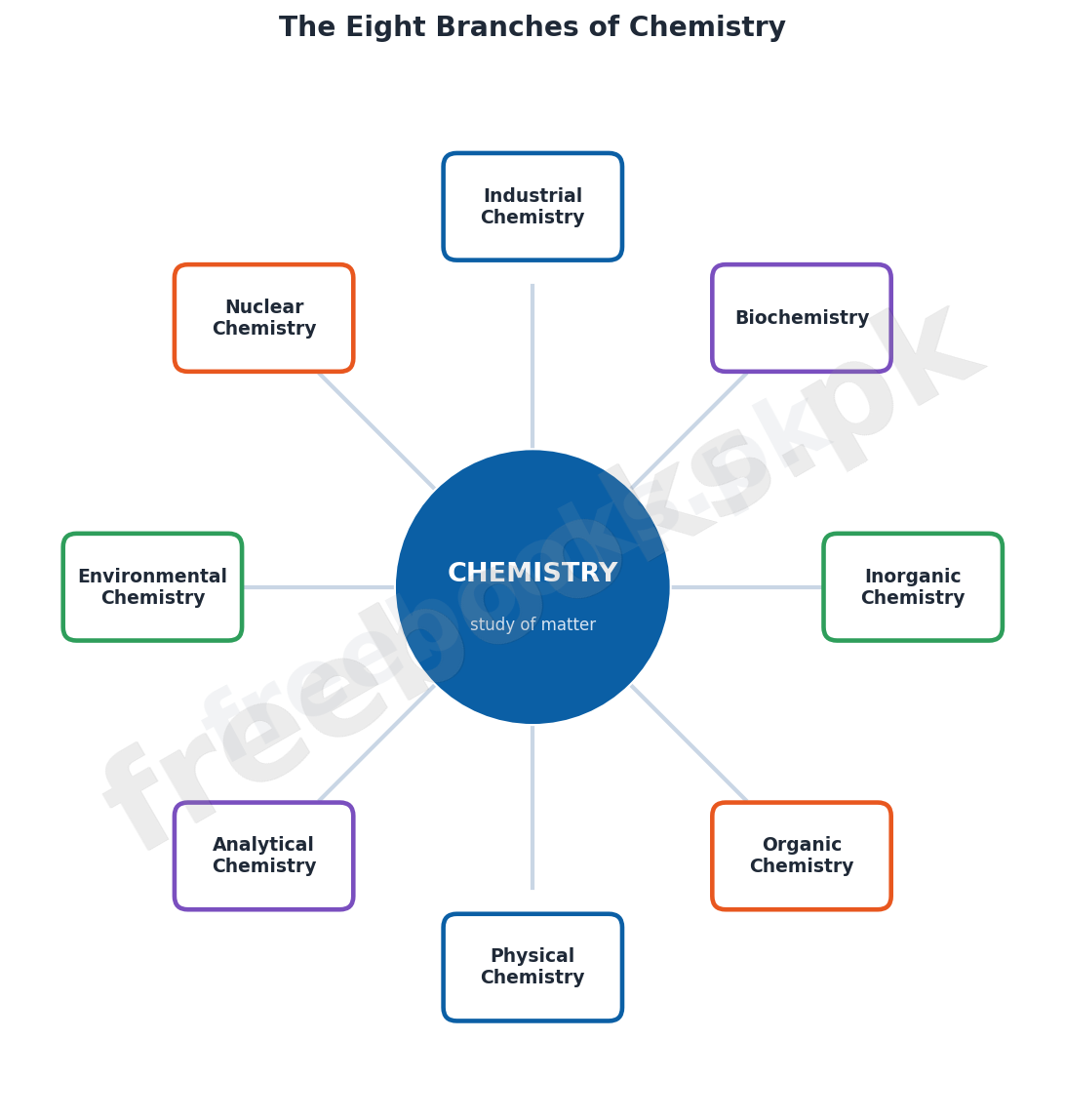 Radial diagram of the eight branches of chemistry: physical, organic, inorganic, biochemistry, industrial, nuclear, environmental, analytical