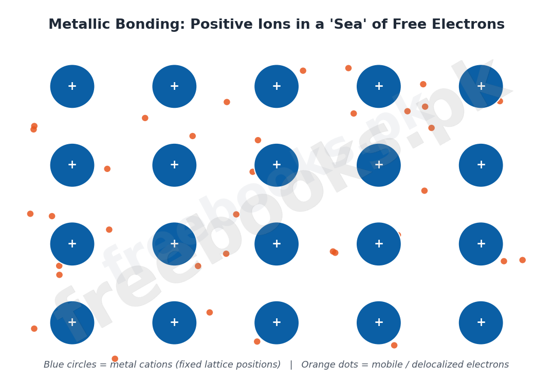 Positive metal ions in a sea of free mobile electrons showing metallic bonding