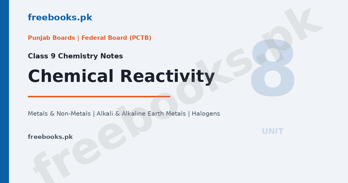 Chemistry Class 9 Unit 8 Chemical Reactivity notes cover - metals, non-metals, alkali and alkaline earth metals, halogens diagram