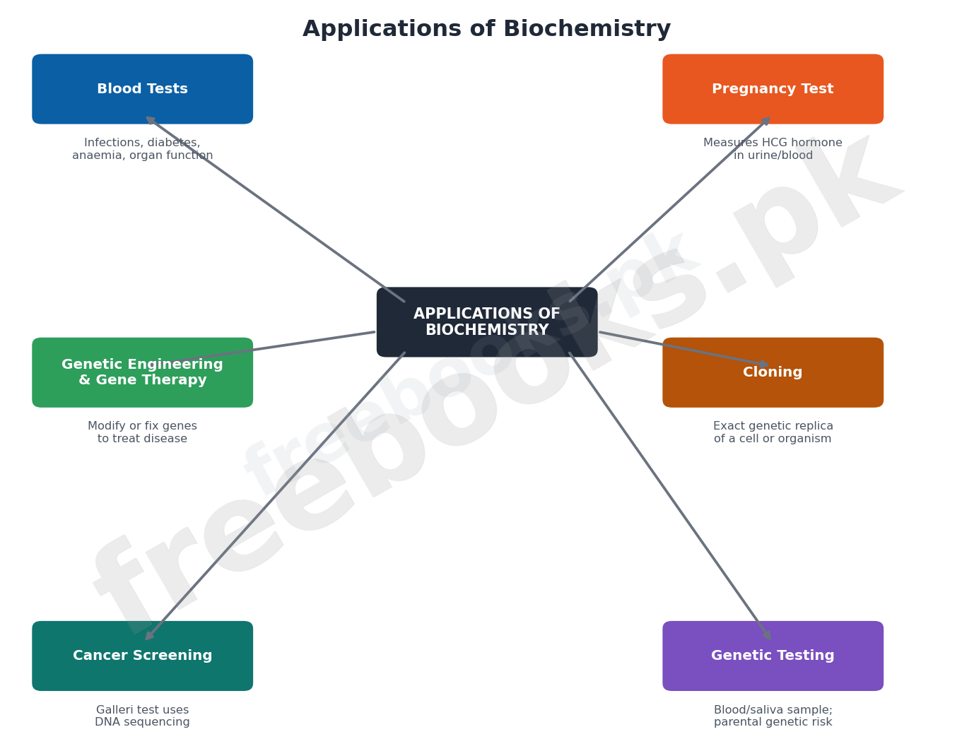 Hub and spoke chart of biochemistry applications: blood tests, pregnancy test, cancer screening, genetic testing, genetic engineering and gene therapy, cloning