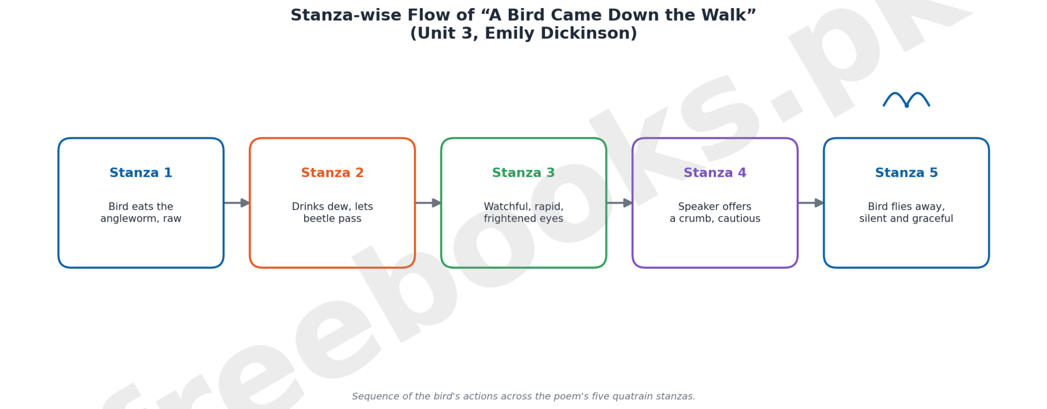 Stanza-wise flow diagram of A Bird Came Down the Walk showing the birds actions across five stanzas